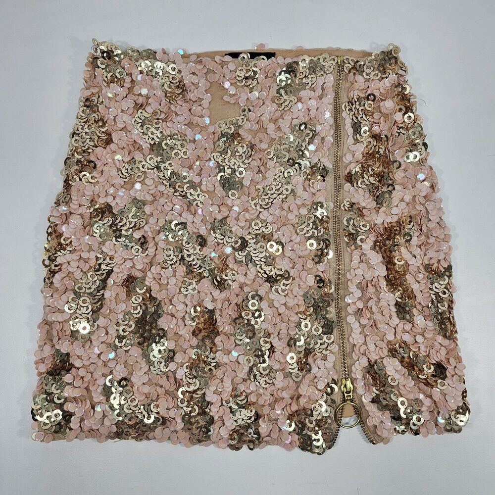 h:ours Kat Sequin Mini Skirt Party Glam Metallic Revolve Rose Gold/Champagne XS